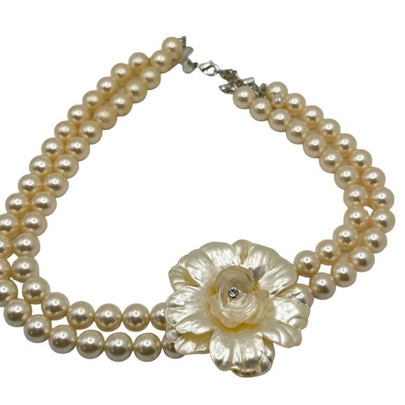 Vintage Faux Pearl Necklace Bridal Formal Flower CZ Pendant Classic Elegance - Picture 2 of 7